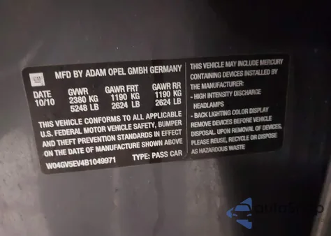 2011 Buick Regal Cxl Turbo Russelsheim z USA, uszkodzony, nr VIN W04GV5EV4B1049971